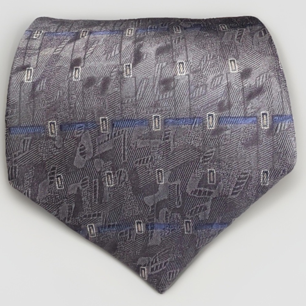 Dockers Silk Necktie Gray Blue Geometric Pattern 100% Silk Men’s Tie 60"